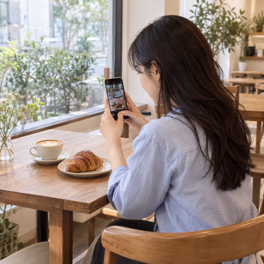 카페에서 음식을 휴대전화로 촬영하는 소비자